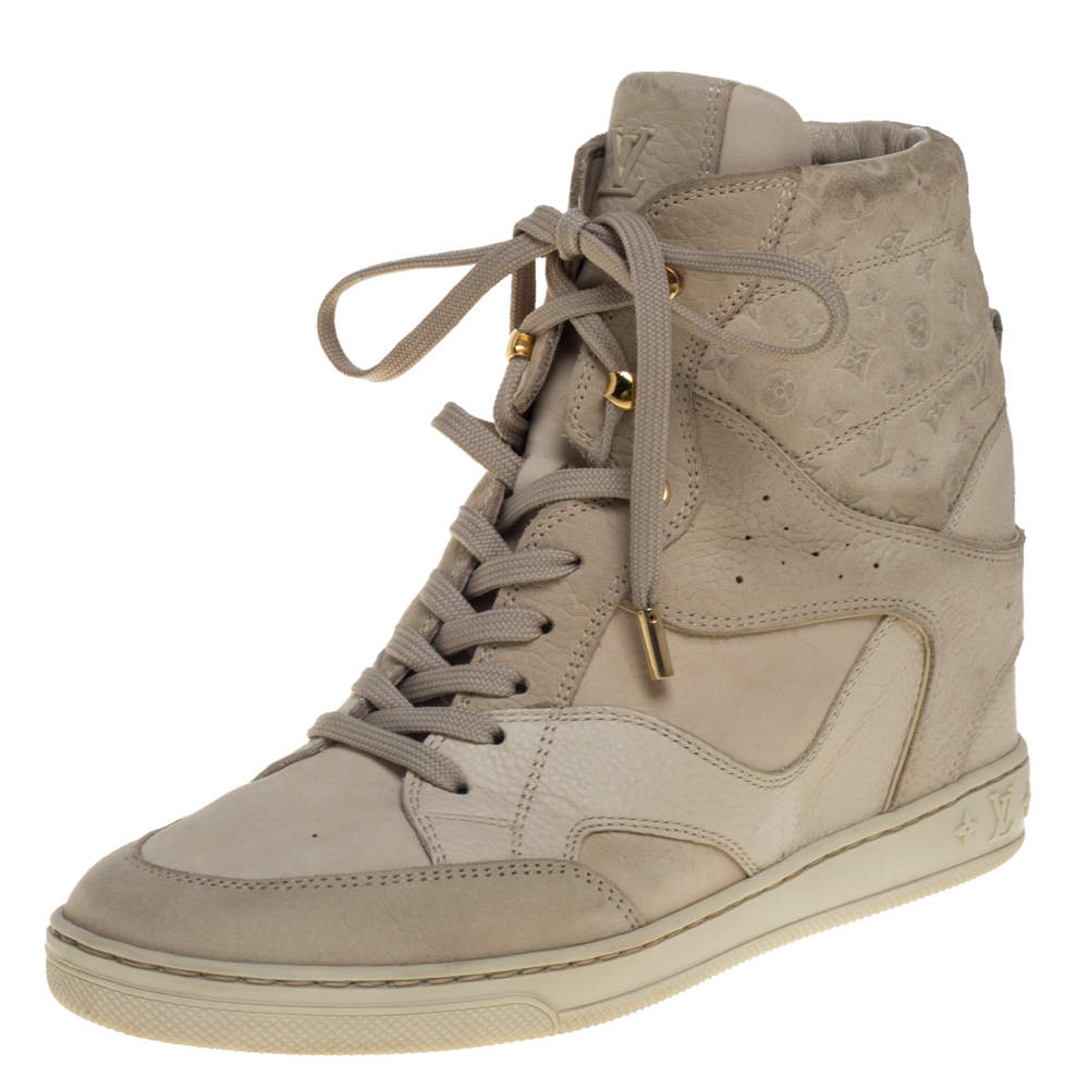 Louis Vuitton Beige Embossed Monogram Suede And Leather Millenium Wedge Sneakers Size 39
