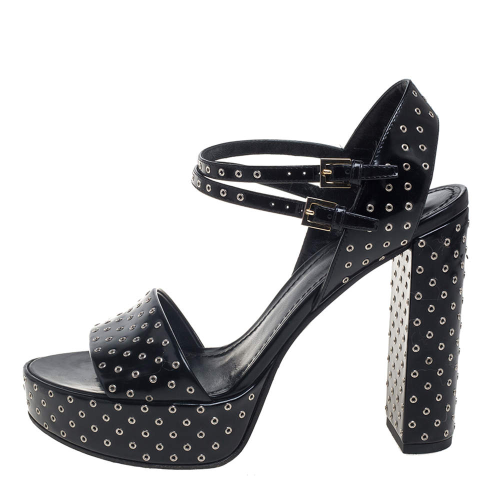 Louis Vuitton Black Leather Eyelet Platform Ankle Strap Sandals