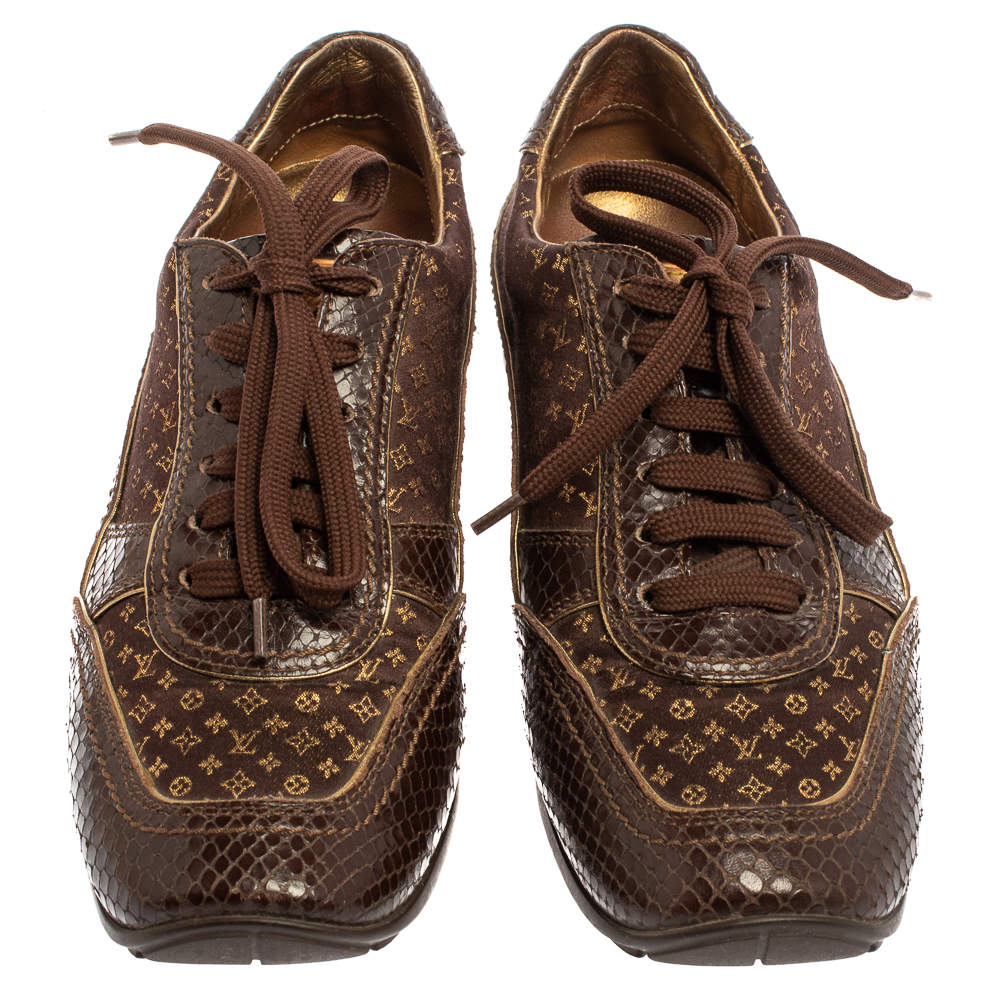 Louis Vuitton Brown Monogram Satin And Python Embossed Leather Trim Low Top  Sneakers Size 38 Louis Vuitton