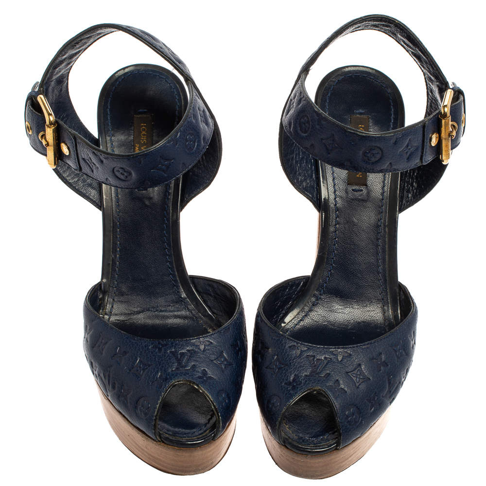 Louis Vuitton Blue Monogram Empreinte Leather Peep Toe Block Heel