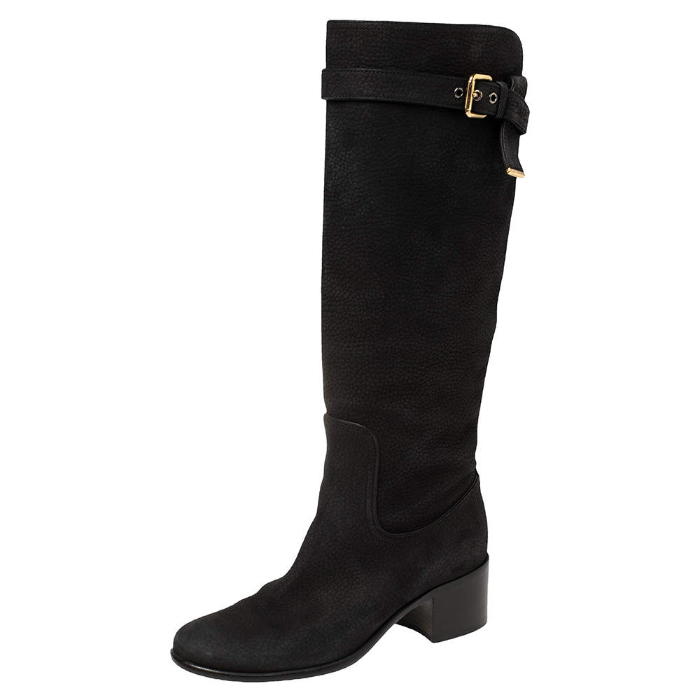 مملوكة مسبقًا Louis Vuitton Black Textured Nubuck Knee High Buckle Boots Size 37