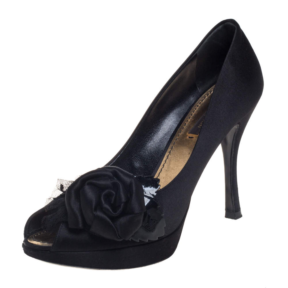 Pre Owned Louis Vuitton Black Satin Peep Toe Pumps Size 36.5