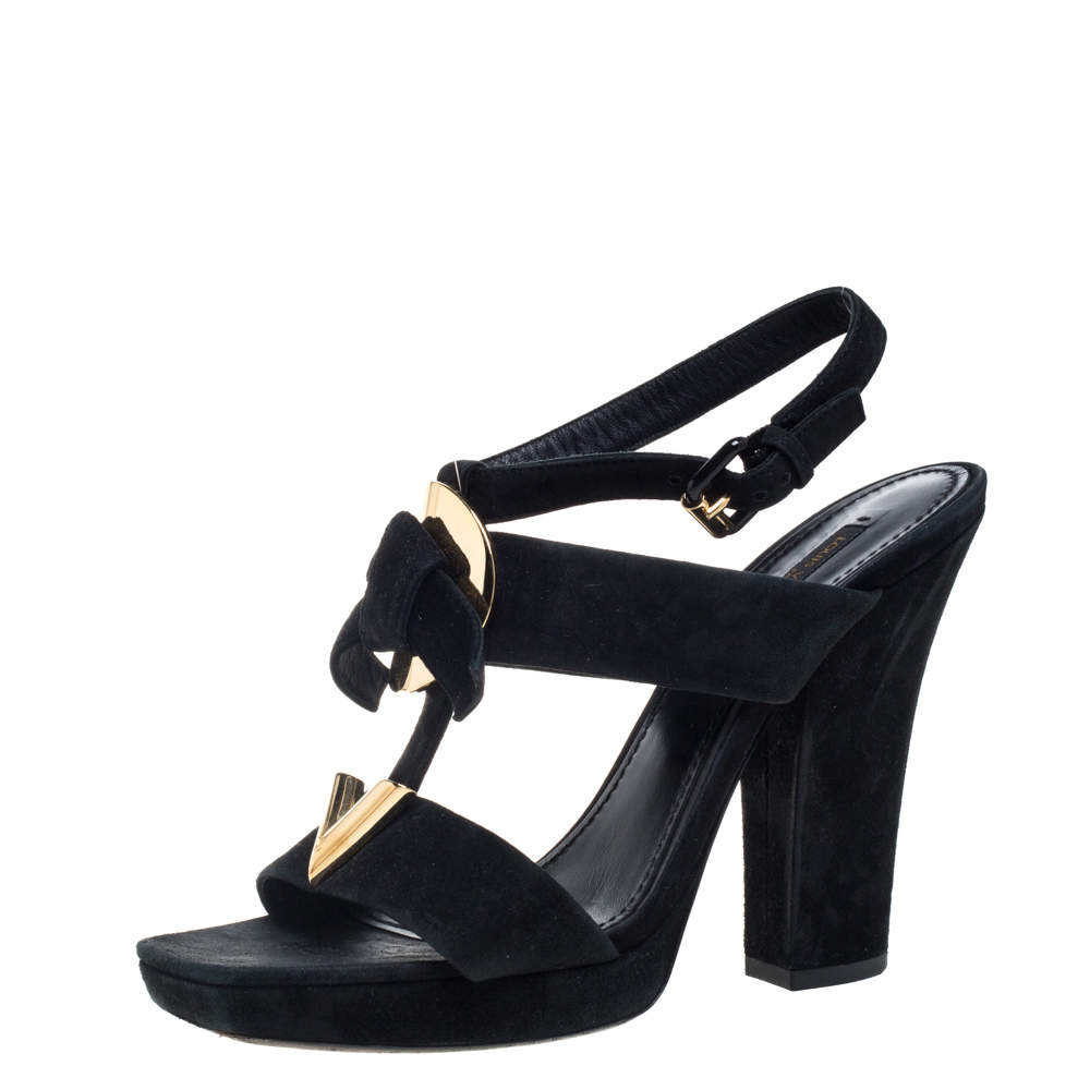 Pre Owned Louis Vuitton Black Suede Medallion Ankle Strap Sandals Size 37.5