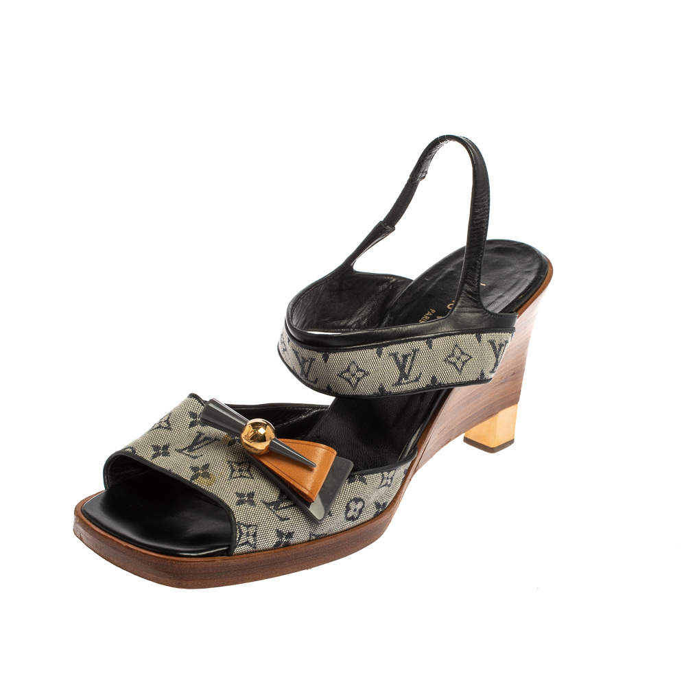 Louis Vuitton Two Tone Mini Lin Canvas And Leather Embellished Wedge  Slingback Sandals Size 42