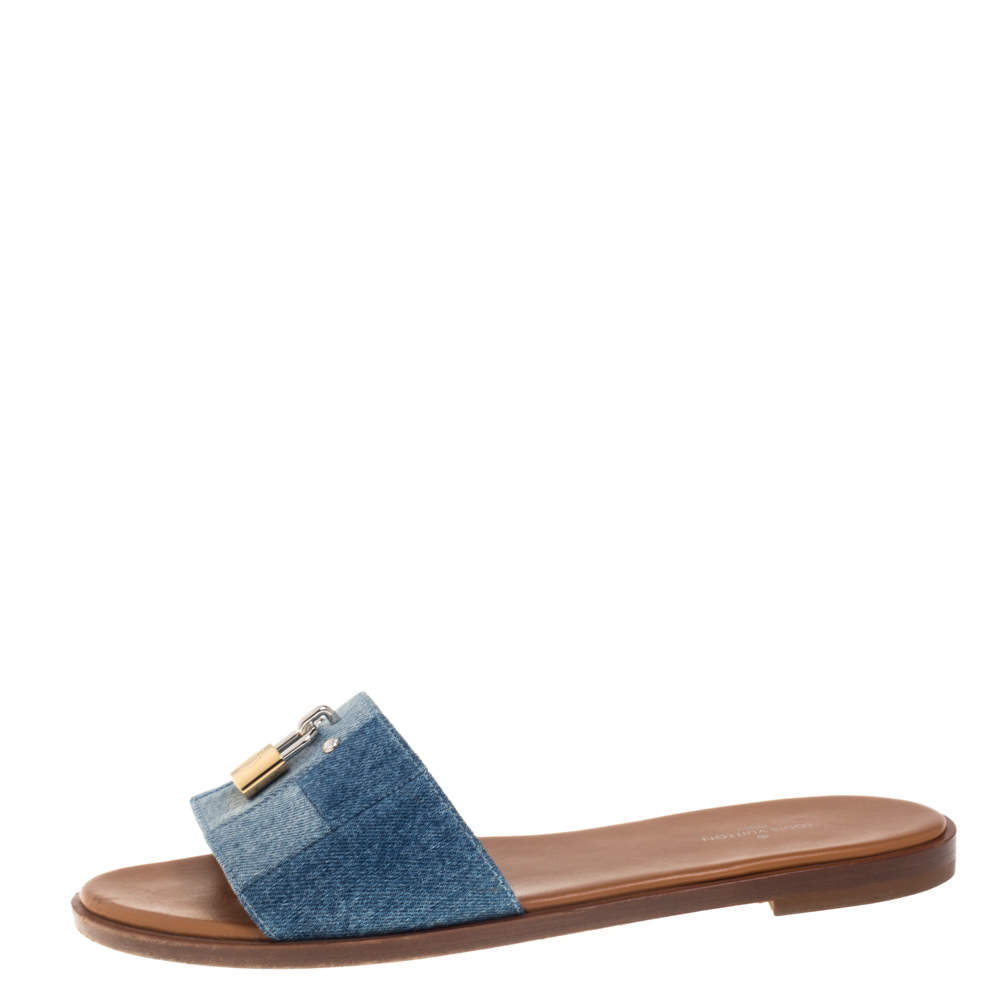 Pre-owned Louis Vuitton Blue Denim Fabric Lock It Flat Slides Size 37.5