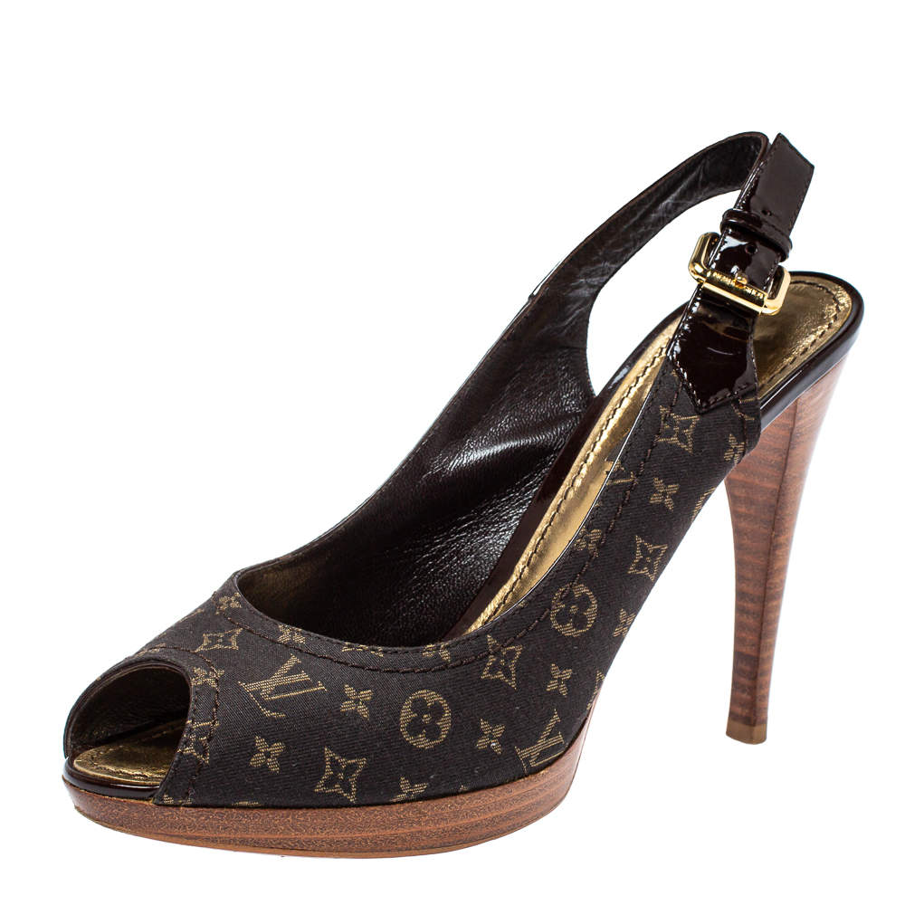 Louis Vuitton Brown Min Lin Monogram Canvas and Patent Leather Slingback Sandals Size 36.5