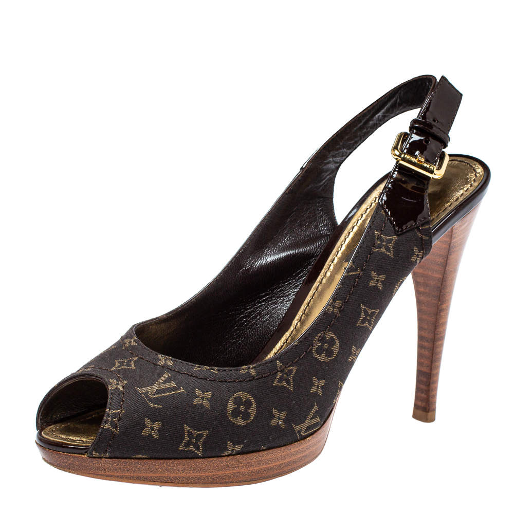 مملوكة مسبقًا Louis Vuitton Brown Min Lin Monogram Canvas and Patent Leather Slingback Sandals Size 36.5