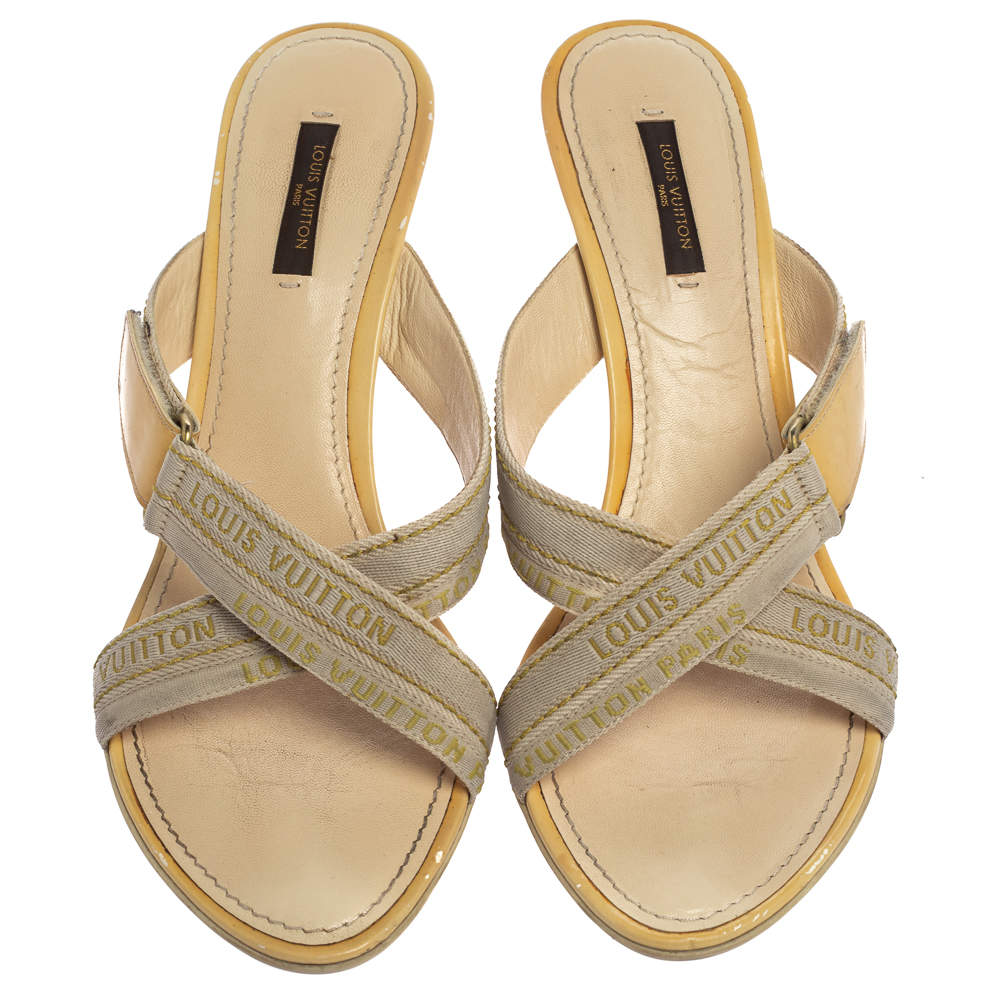 Pre-owned Louis Vuitton White Leather And Canvas Logo Strappy Mule Sandals  Size 39.5