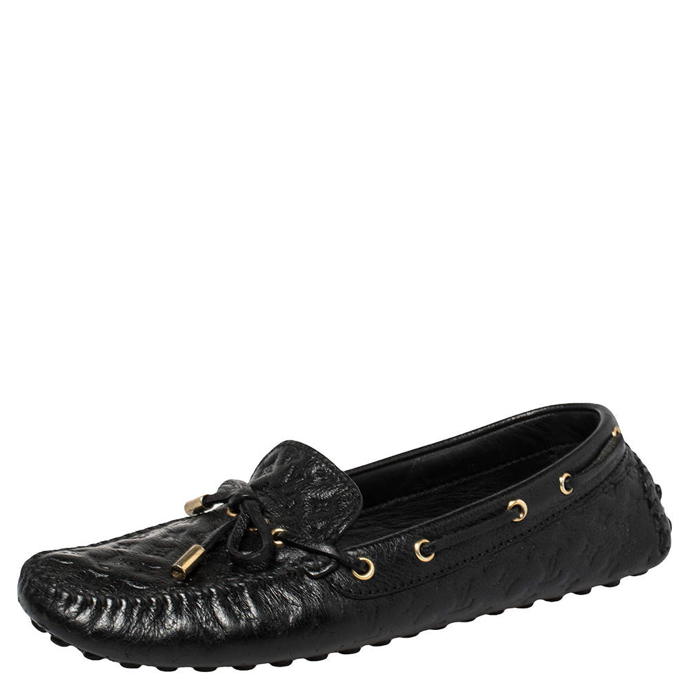Pre Owned Louis Vuitton Black Monogram Empreinte Leather Loafers Size 39