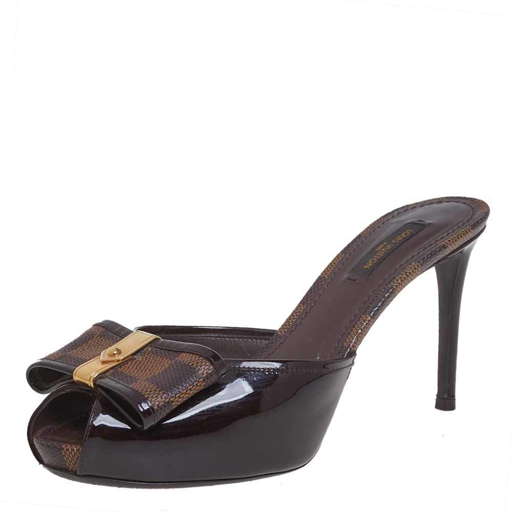 Louis Vuitton Brown Patent Leather And Damier Ebene Canvas Bow Peep Toe Platform Sandals Size 38