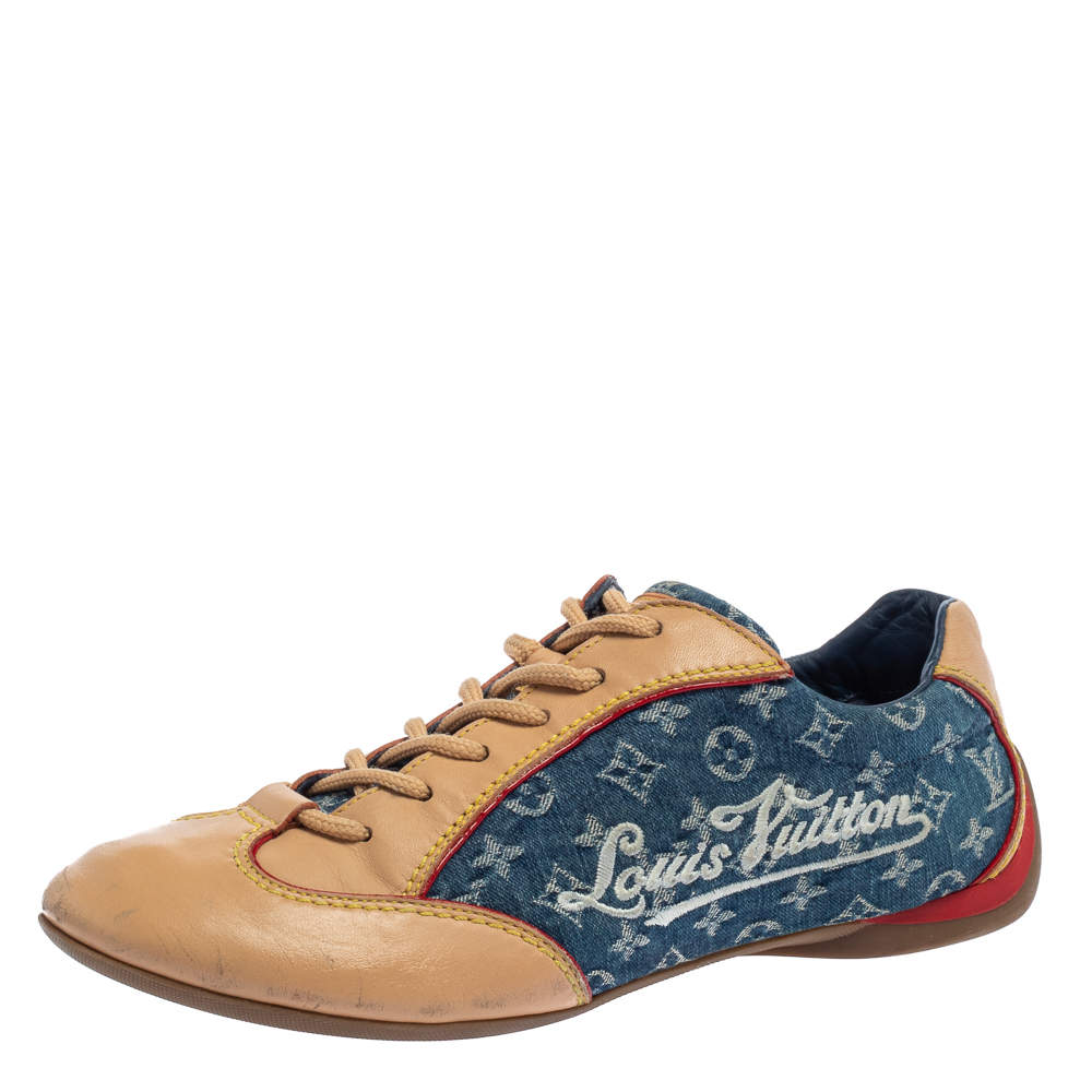 Louis Vuitton Beige/Blue Monogram Denim And Leather Low Top Sneakers Size 36