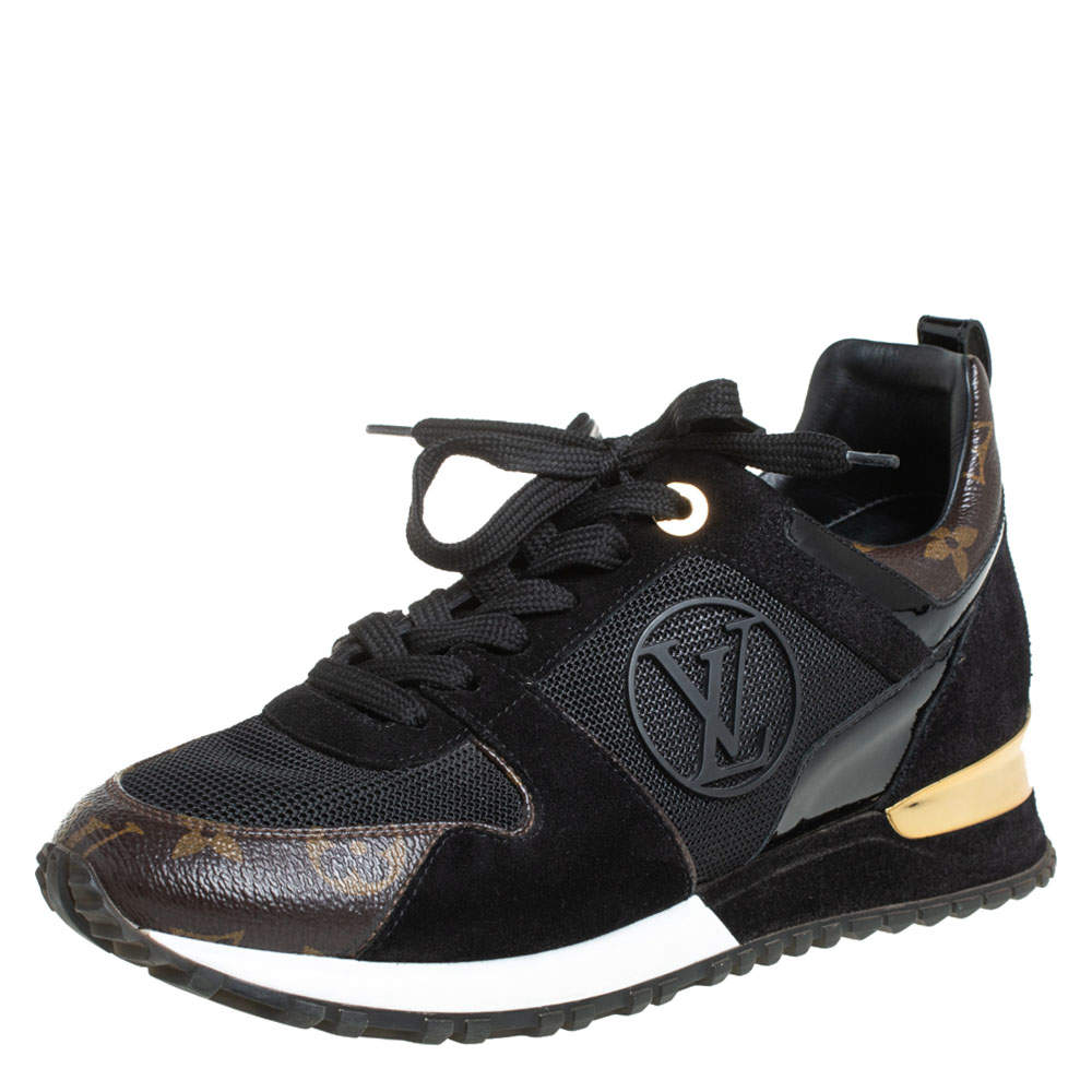 Pre Owned Louis Vuitton Black Suede And Mesh Run Away Lace Up Sneakers Size 37