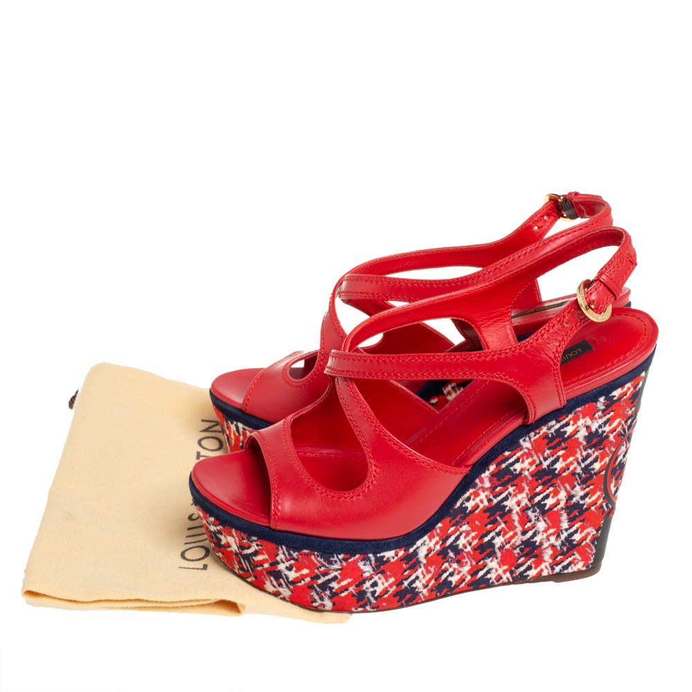 Louis Vuitton Red Leather And Multicolor Fabric Wedge Criss Cross