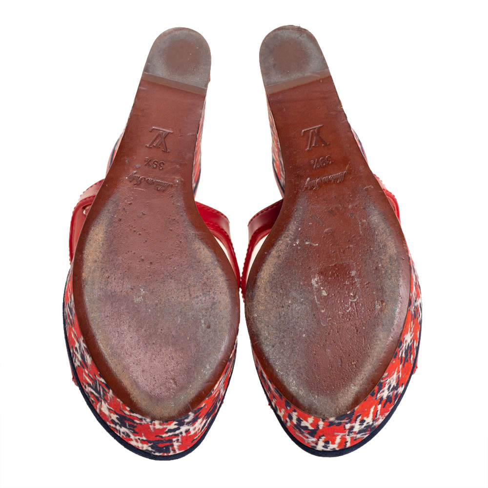 Louis Vuitton Red Leather And Multicolor Fabric Wedge Criss Cross