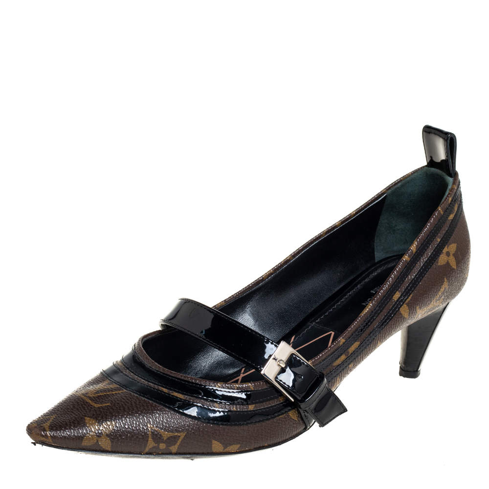 Pre Owned Louis Vuitton Brown/Black Monogram Canvas And Leather Mary Jane Pumps Size 38