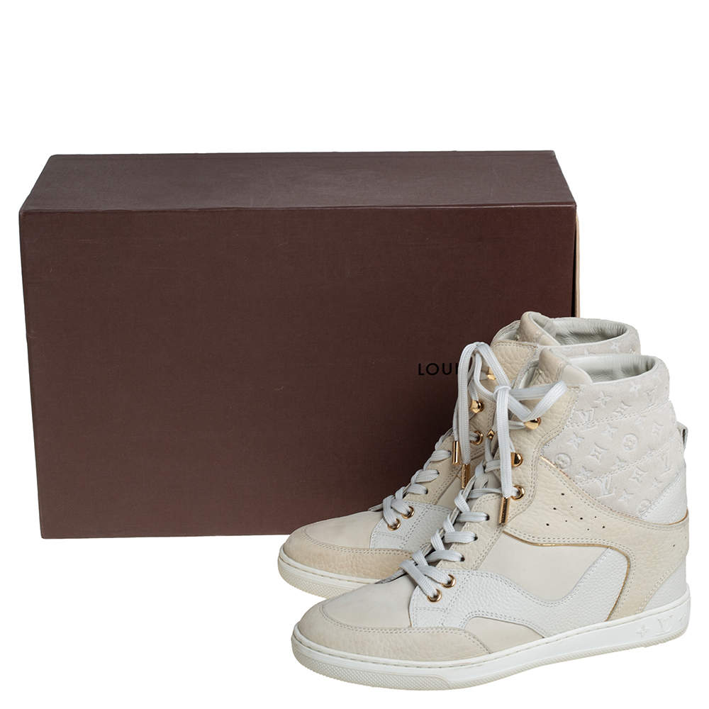 Louis Vuitton White Leather And Monogram Suede Millenium Wedge Sneakers  Size 36.5 Louis Vuitton