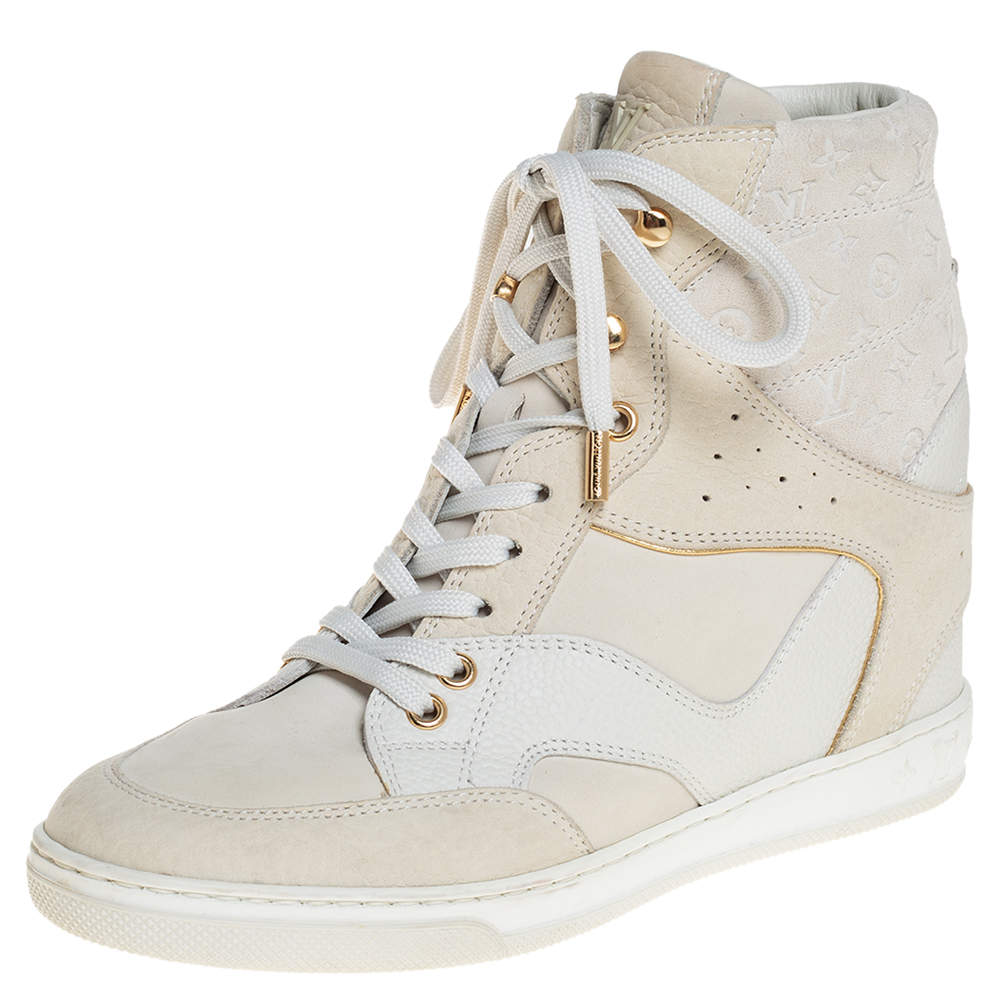 Louis Vuitton White Leather And Monogram Suede Millenium Wedge Sneakers Size 36.5