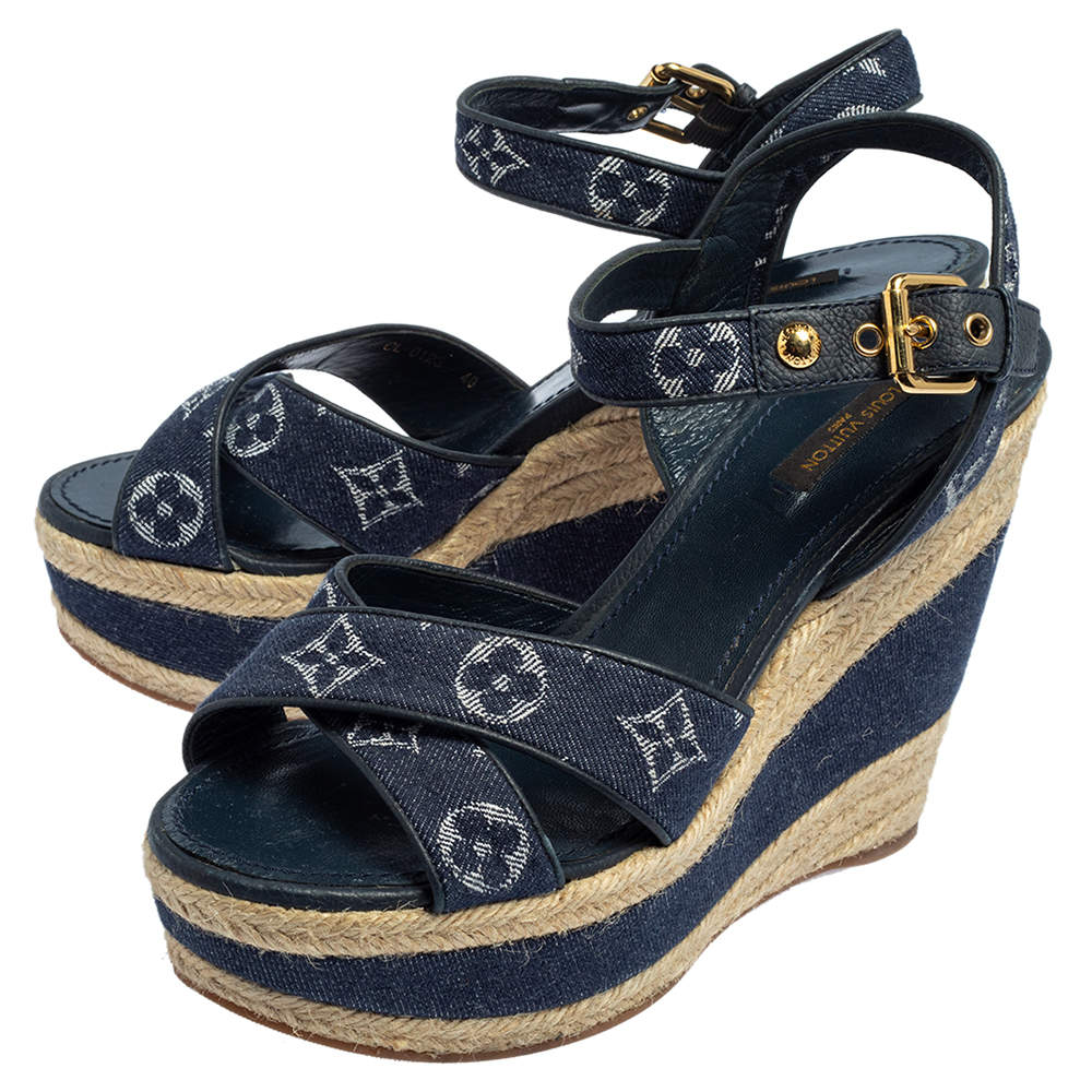 Louis Vuitton Denim Canvas Wedge Sandals Size 40 Louis Vuitton