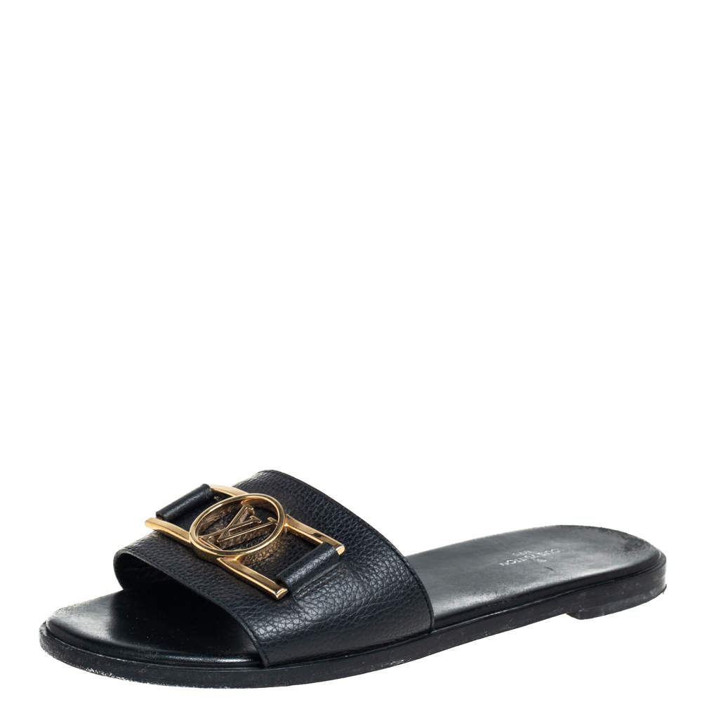 Louis Vuitton Black Leather Lock It Flat Sandals Size 37 Louis