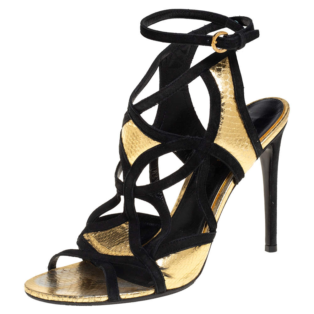 Louis Vuitton Gold and Black Python Embossed Leather And Suede Trim Cut Out Ankle Strap Sandals Size 39