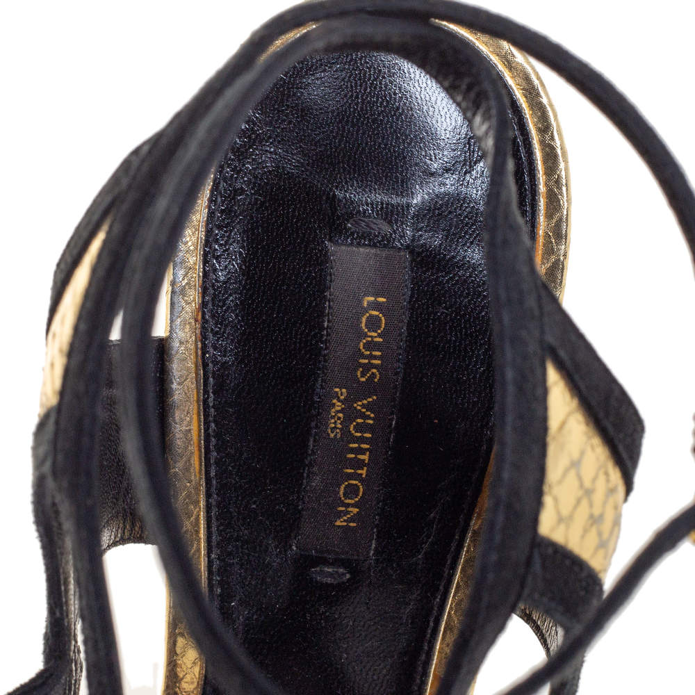 Louis Vuitton Gold and Black Python Embossed Leather and Suede Trim Cut Out Ankle Strap Sandals Size 39
