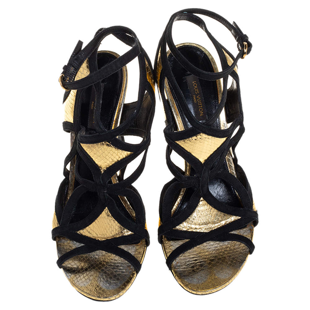 Authentic Louis Vuitton Python Embossed Ankle Strap Sandals Gold