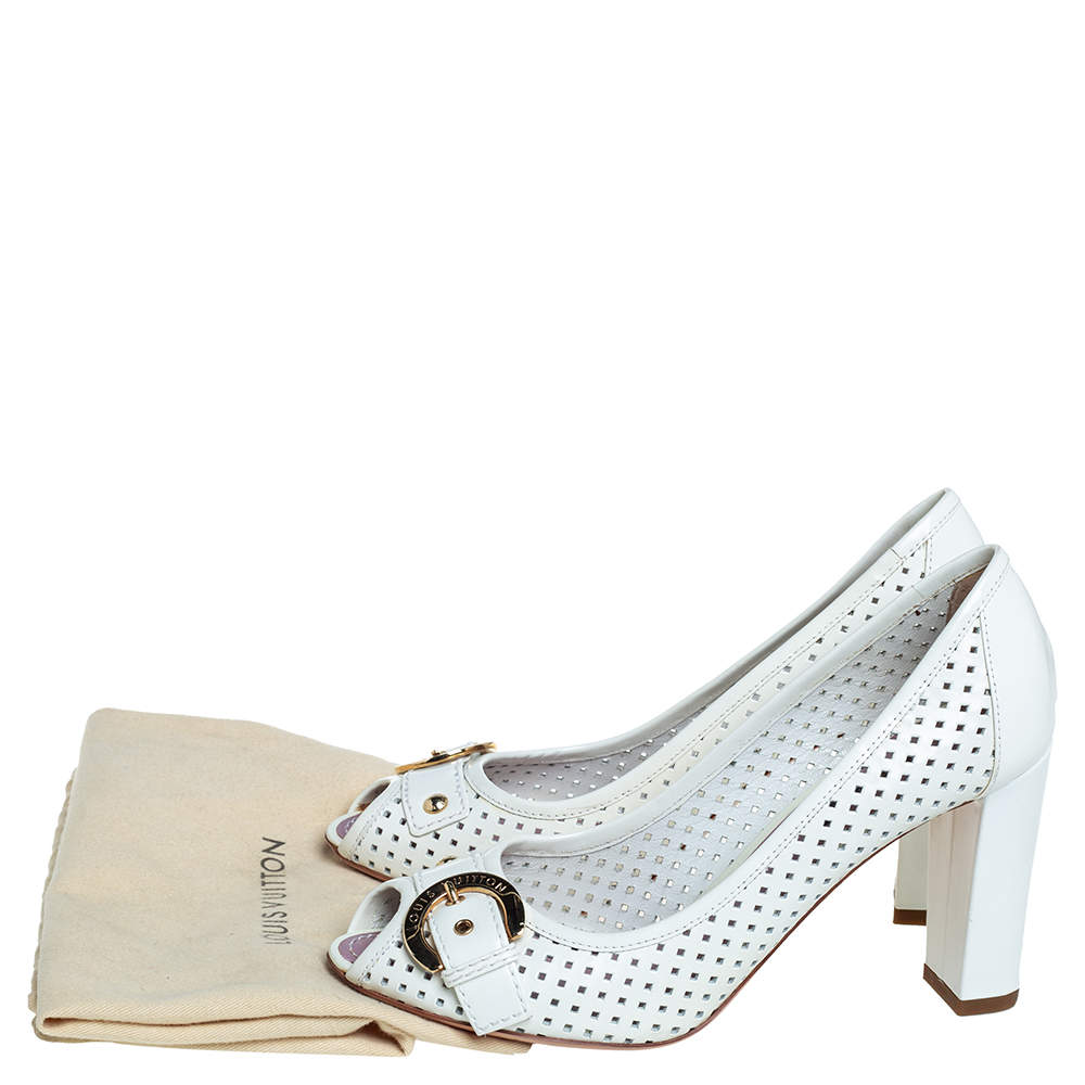 Louis Vuitton White Perforated Leather Buckle Peep Toe Block Heel Pumps  Size 36.5 Louis Vuitton