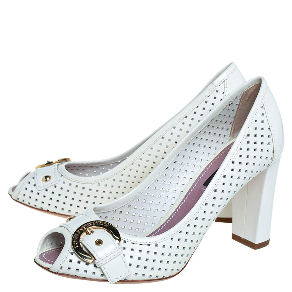 Louis Vuitton White Perforated Leather Buckle Peep Toe Block Heel Pumps  Size 36.5 Louis Vuitton