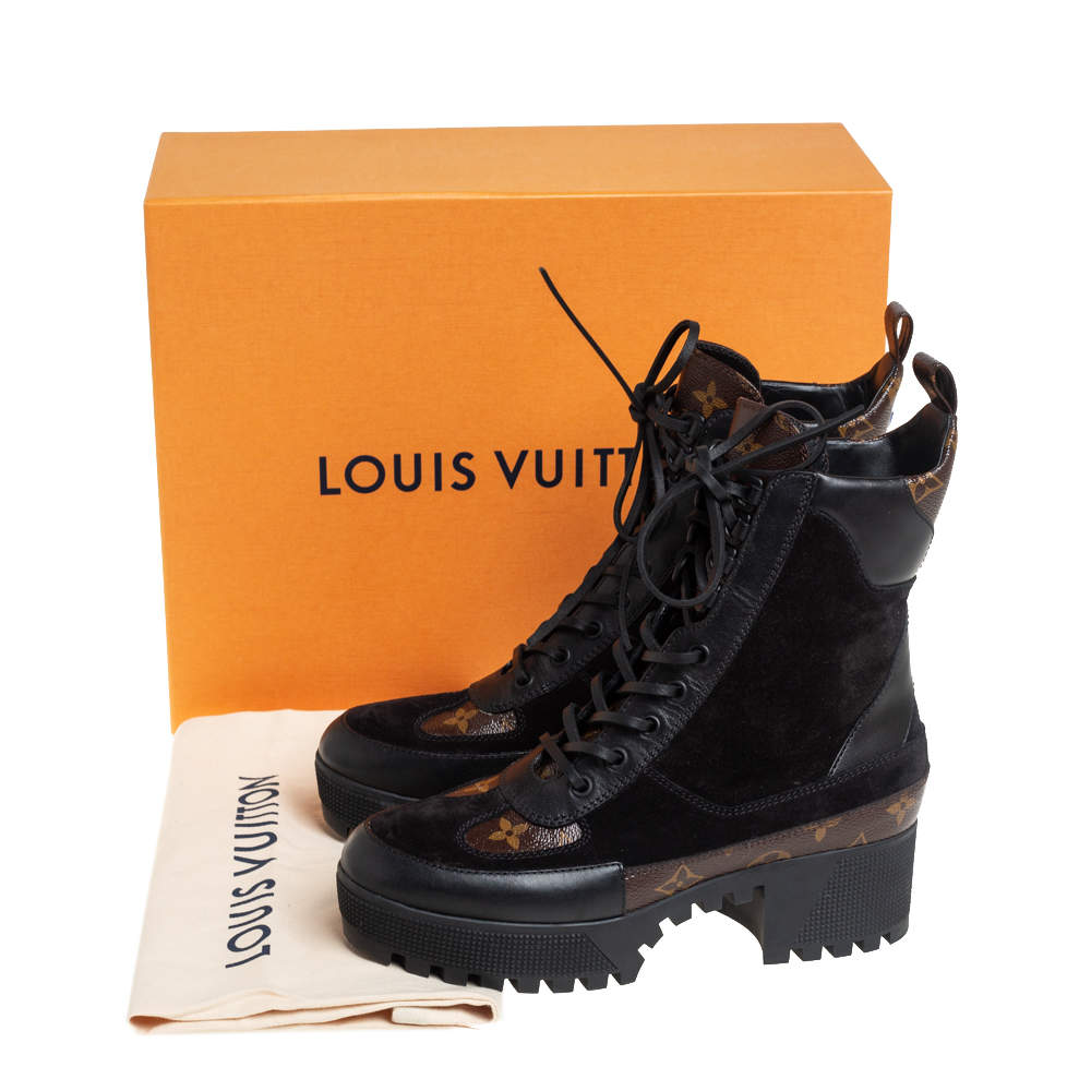 Louis Vuitton Black/Brown Suede, Monogram Canvas And Leather Laureate  Platform Desert Ankle Boots Size 38