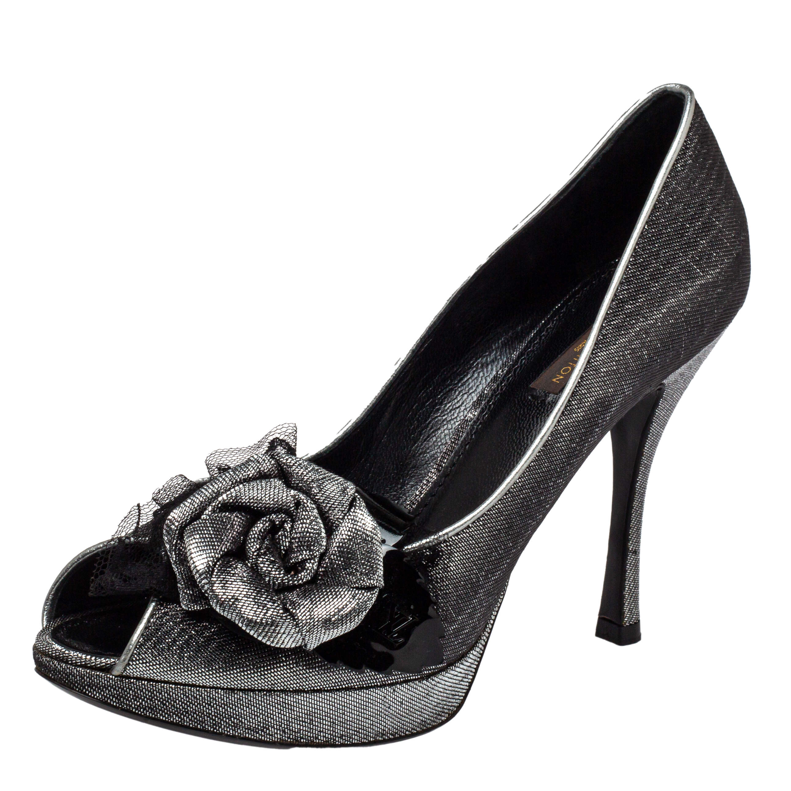 Pre Owned Louis Vuitton Ombre Black/Silver Shimmery Lurex Fabric Floral Embellished Peep Toe Pumps Size 37.5