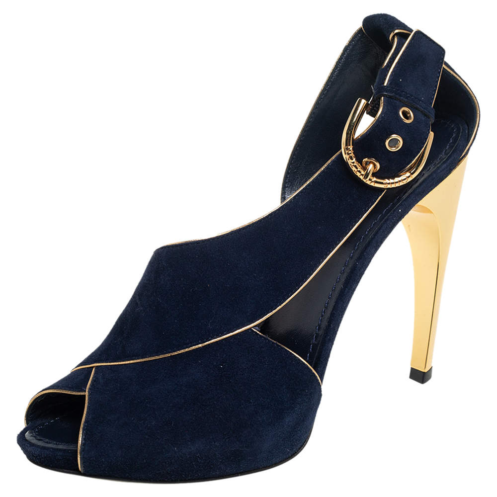 مملوكة مسبقًا Louis Vuitton Blue Suede Peep Toe Sandals Size 37.5