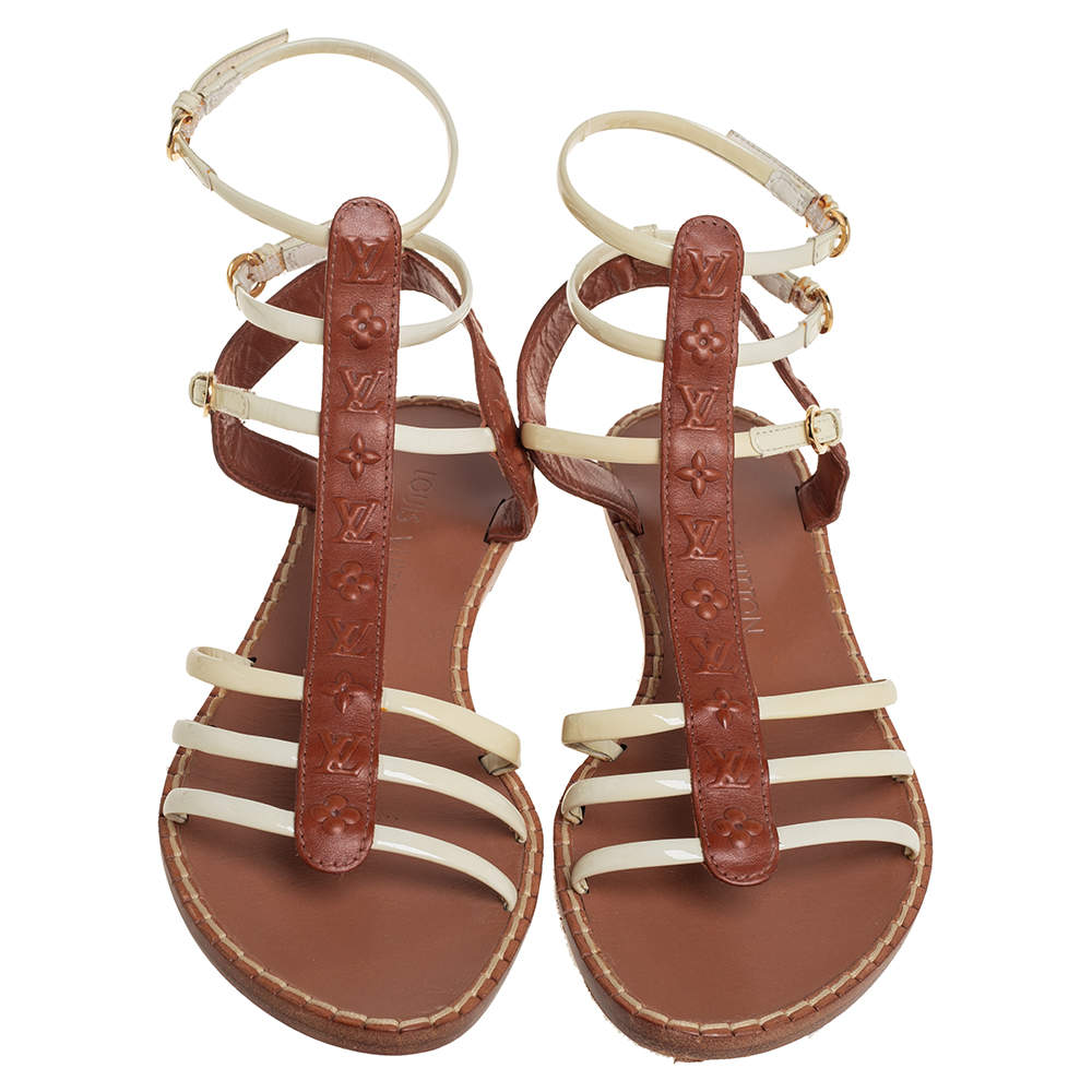 Louis Vuitton Cream/Brown Patent And Monogram Leather Key West Flat Sandals  Size 36.5 Louis Vuitton