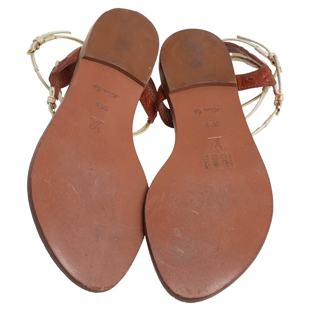 Louis Vuitton Cream/Brown Patent And Monogram Leather Key West Flat Sandals  Size 36.5 Louis Vuitton