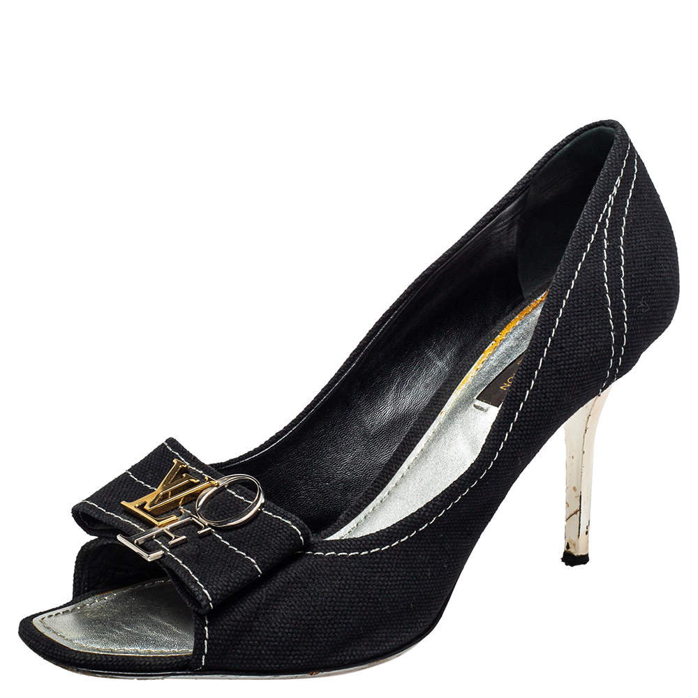 مملوكة مسبقًا حذاء كعب عالي لوي فيتون مقدمة مفتوحة كانفاس أسود بالشعار مقاس 39