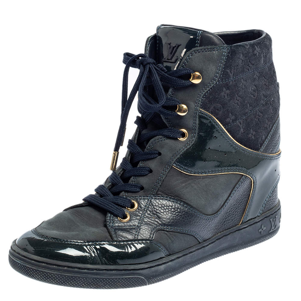 Pre Owned حذاء رياضي لوي فيتون ويدج عنق مرتفع سويدي مونوغرامي و جلد أزرق مقاس 36.5