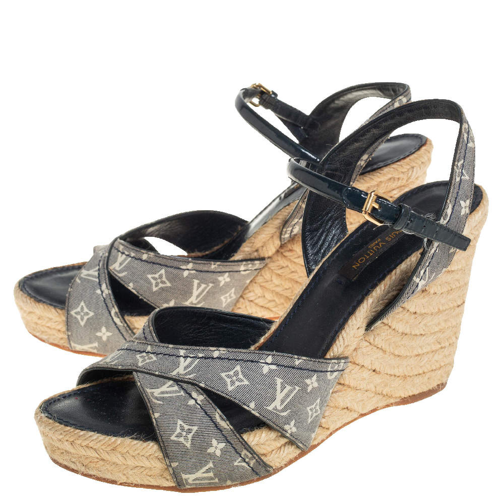 Louis Vuitton Grey Monogram Canvas Idylle Espadrille Wedge Sandals Size 38 Louis  Vuitton