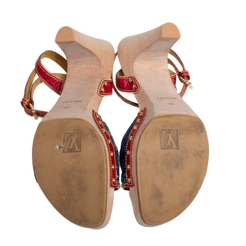 Louis Vuitton Multicolor Leather and Monogram Denim Ankle Strap Clog Sandals  Size 41 Louis Vuitton