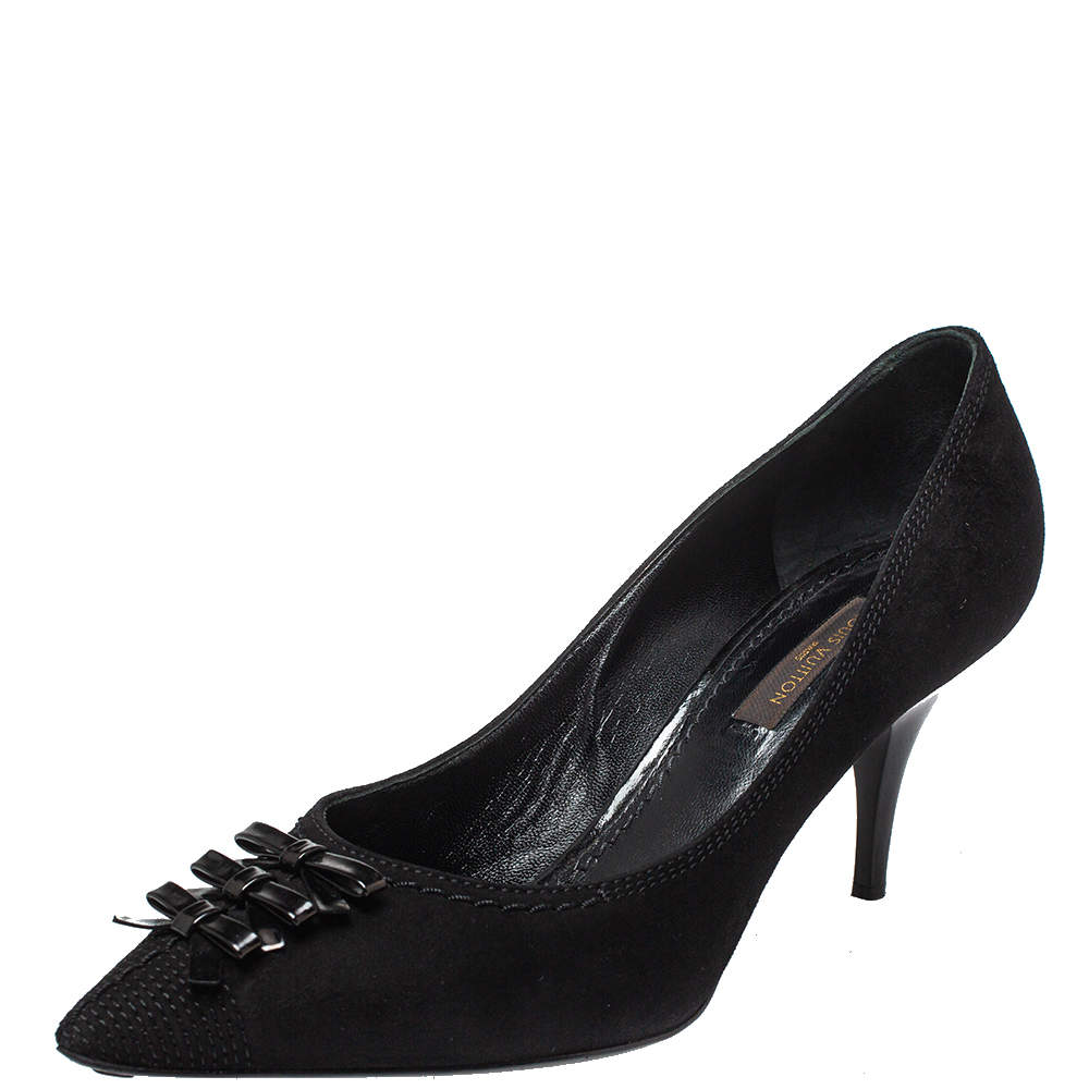 مملوكة مسبقًا حذاء كعب عالي لوي فيتون سليب أون سويدي أسود بفيونكة مقاس 35 