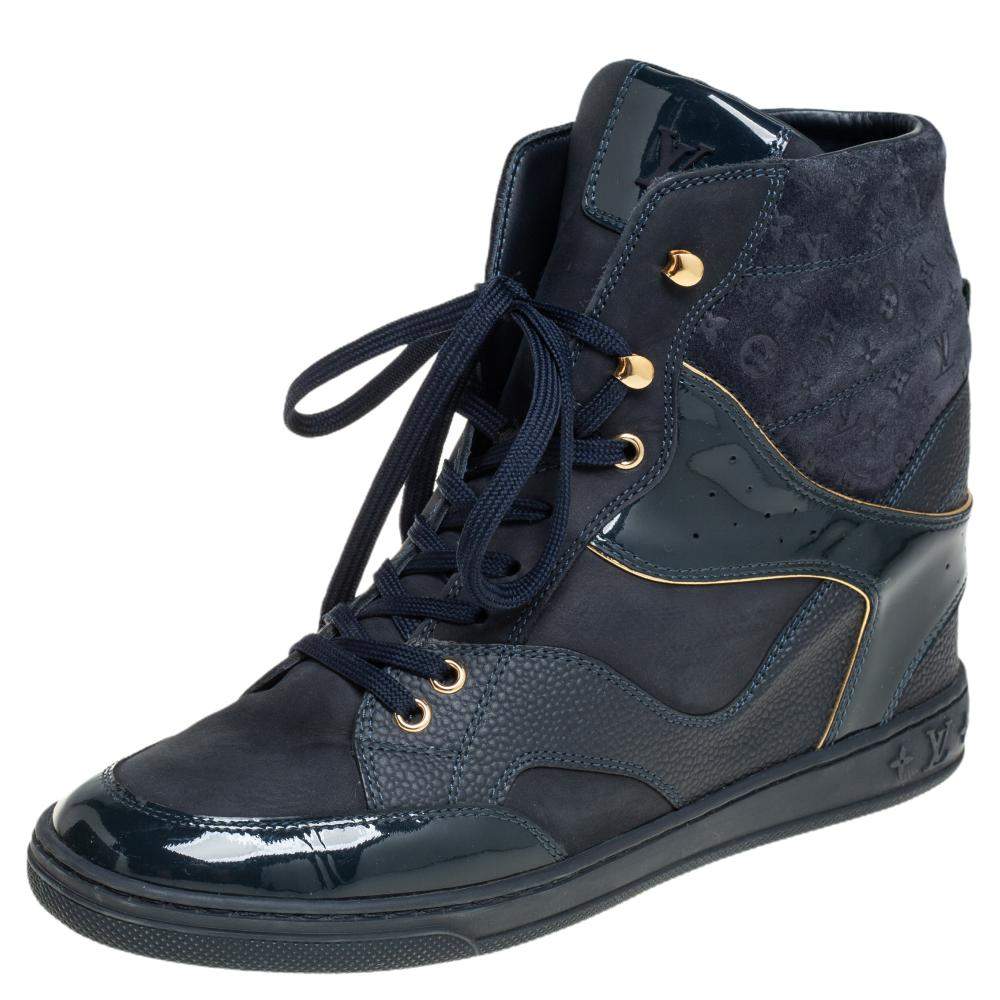 Pre Owned حذاء رياضي لوي فيتون ويدج عنق مرتفع جلد وسويدي نقشة مونوغرام أزرق مقاس 39.5 