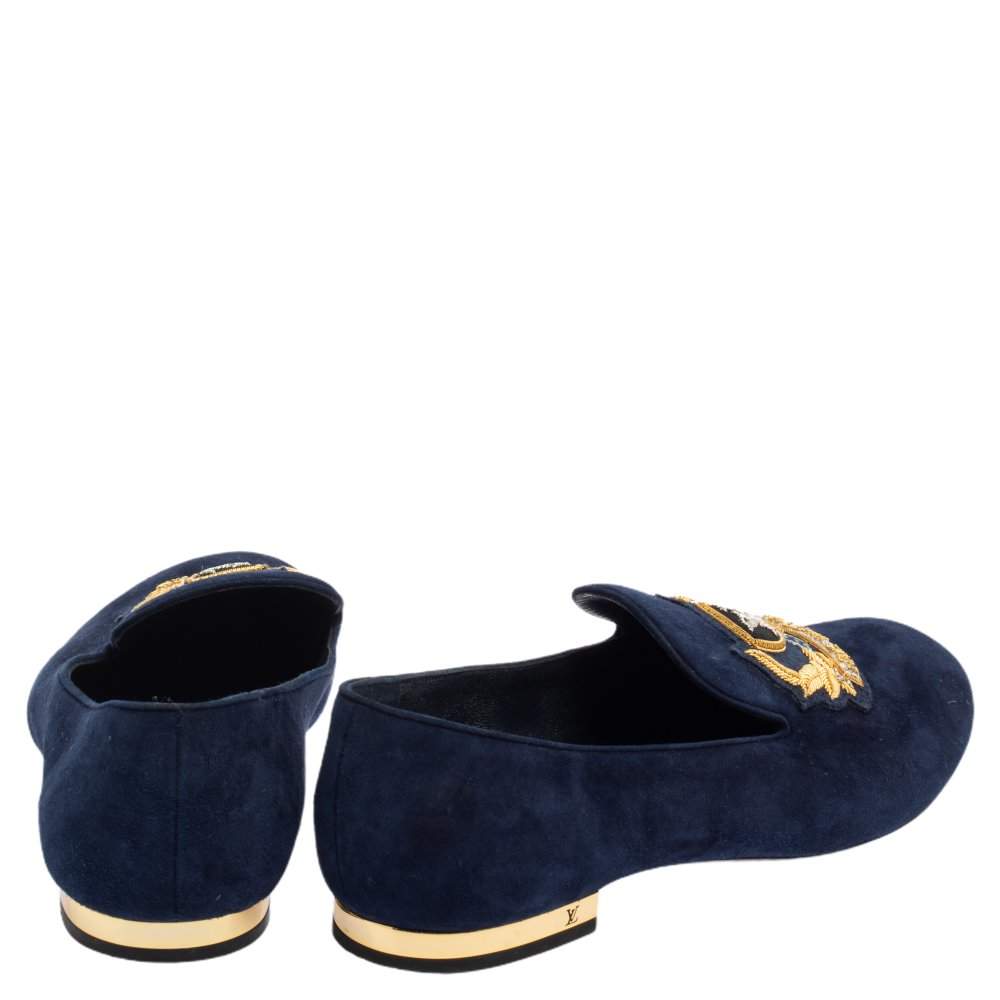 Louis Vuitton Blue Suede Embroidered Smoking Slippers Size 38