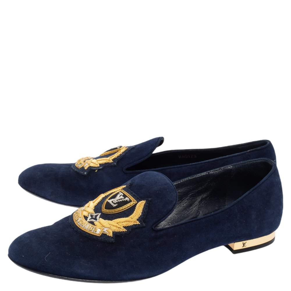 Pre-owned Louis Vuitton Navy Blue Suede Embroidered Smoking Slippers Size  38