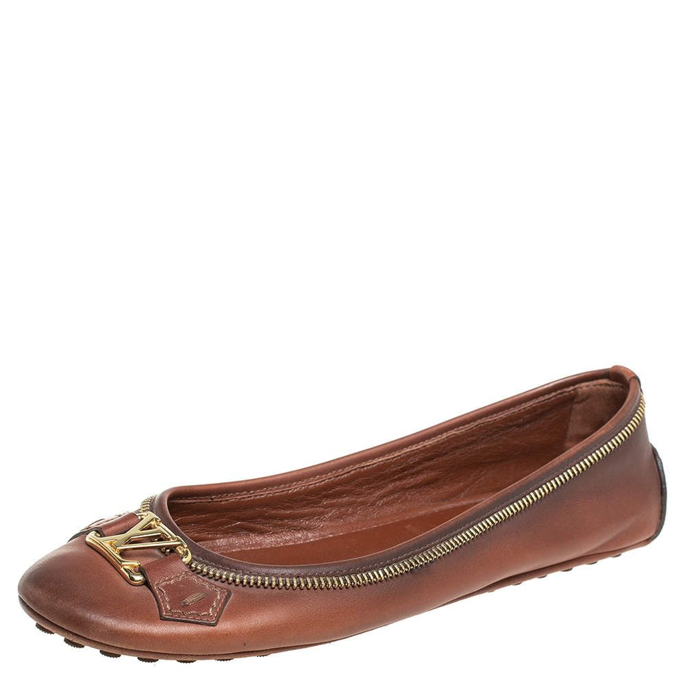 Pre Owned Louis Vuitton Brown Leather Oxford Chain Detail Ballet Flats Size 38