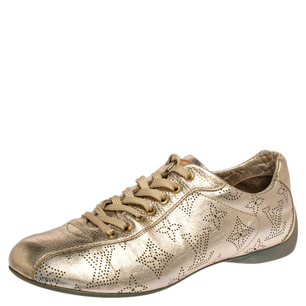 Louis Vuitton Gold Perforated Monogram Leather Low Top Sneakers Size 36