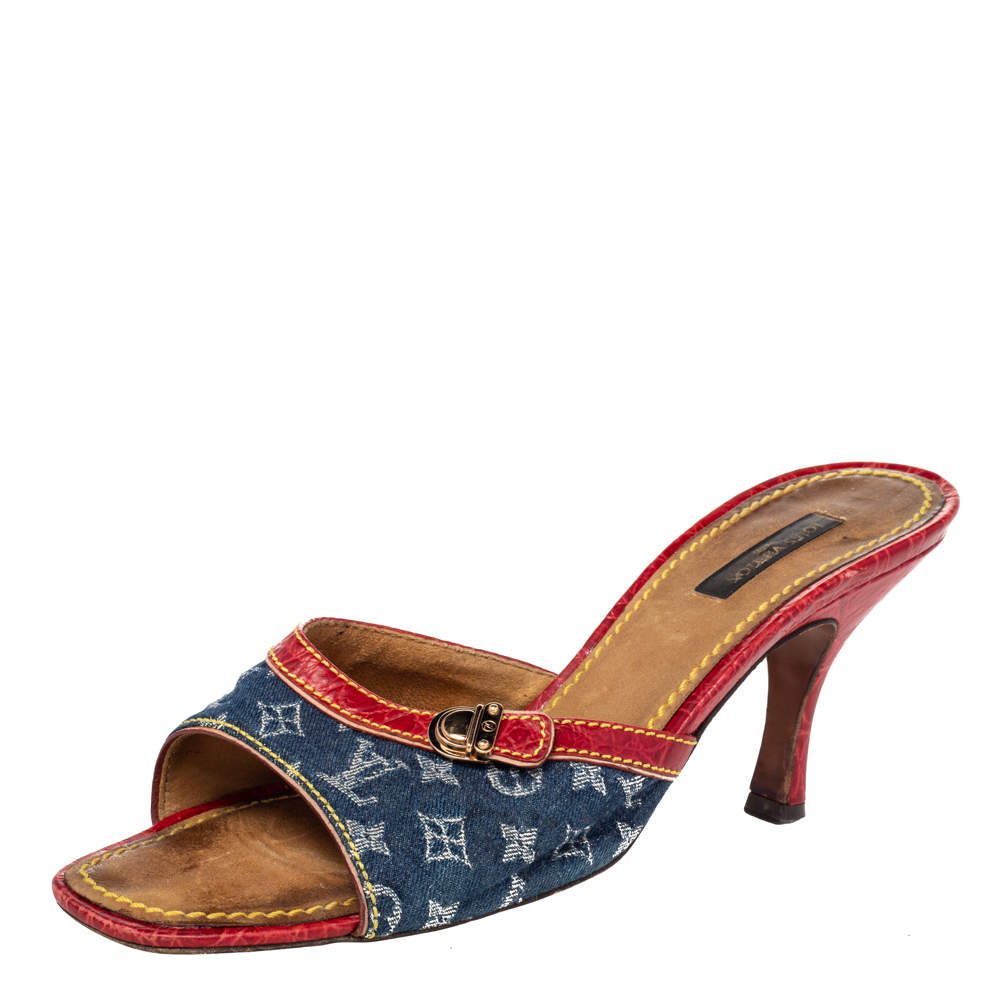 Louis Vuitton Blue/Red Monogram Denim And Leather Sandals Size