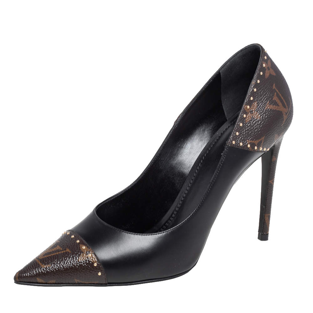 Pre Owned Louis Vuitton Brown Monogram Canvas And Leather Cap Toe Studded Pointed Toe Pumps Size 40