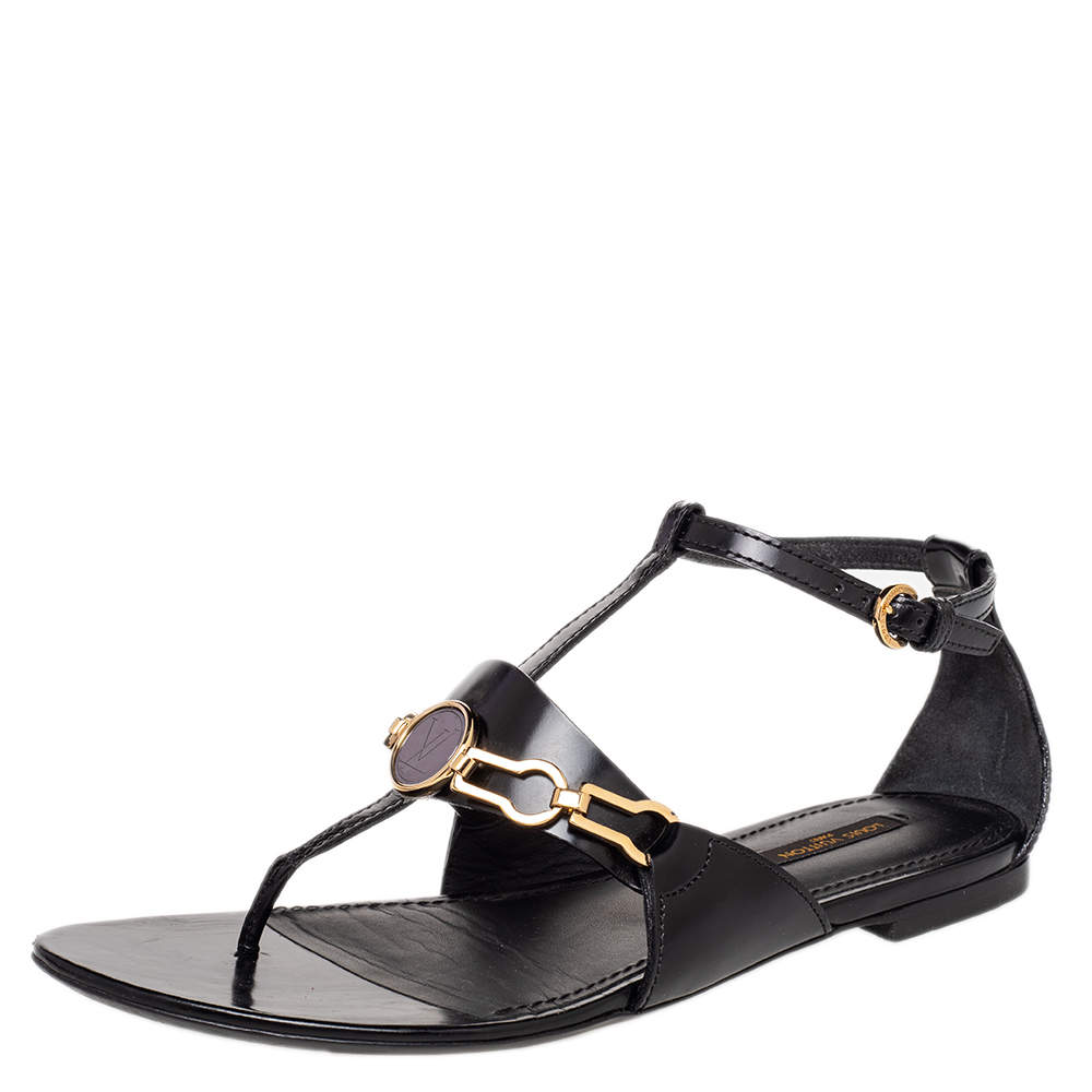 Pre Owned Louis Vuitton Black Leather Thong Ankle Strap Sandals Size 37.5