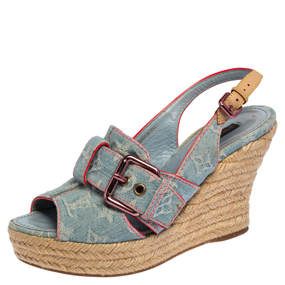 Pre Owned Louis Vuitton Bleached Monogram Denim Espadrille Wedge Slingback Sandals Size 37.5