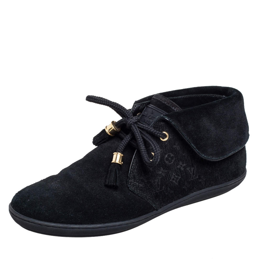 Louis Vuitton Black Textured Monogram Suede Tassel Boots Size 36