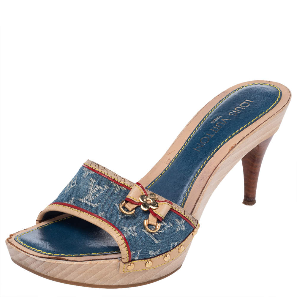 Pre Owned Louis Vuitton Blue/Beige Monogram Denim And Leather Bow Detail Slides Sandals Size 38.5