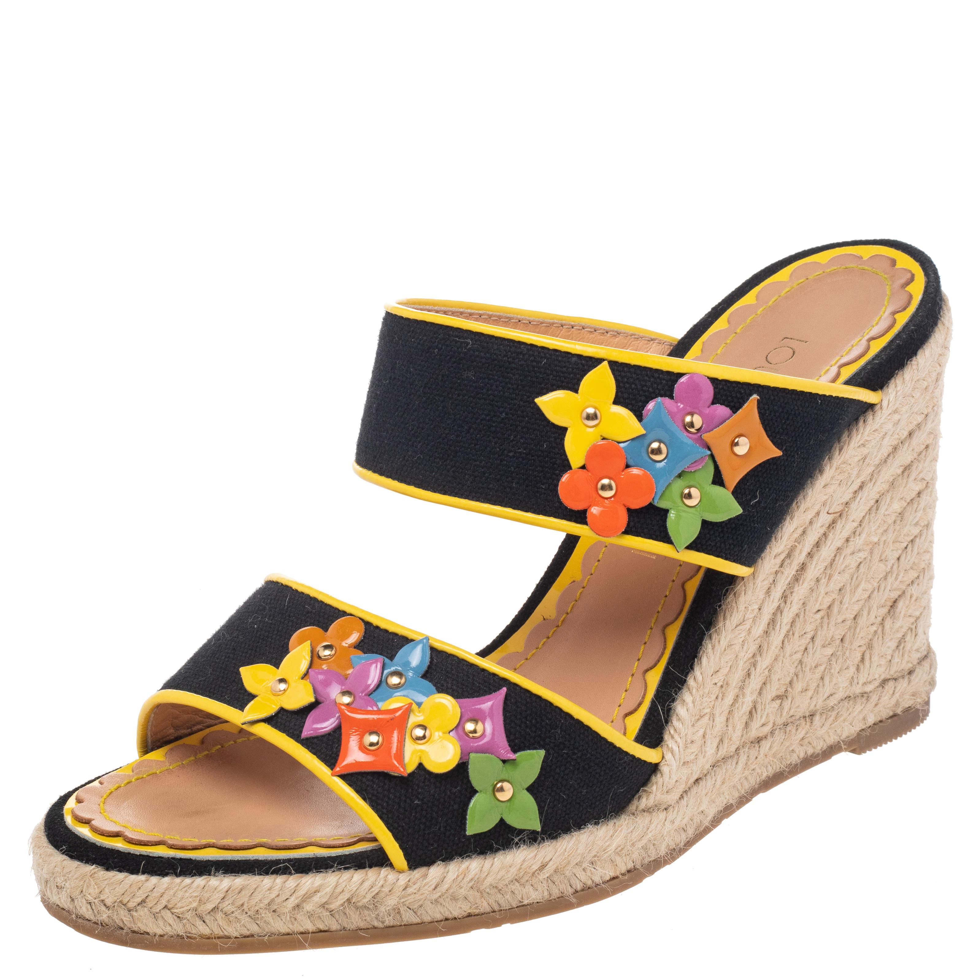Pre Owned Louis Vuitton Black/Yellow Canvas And Patent Leather Trim Flowers Wedge Espadrilles Sandal Size 37